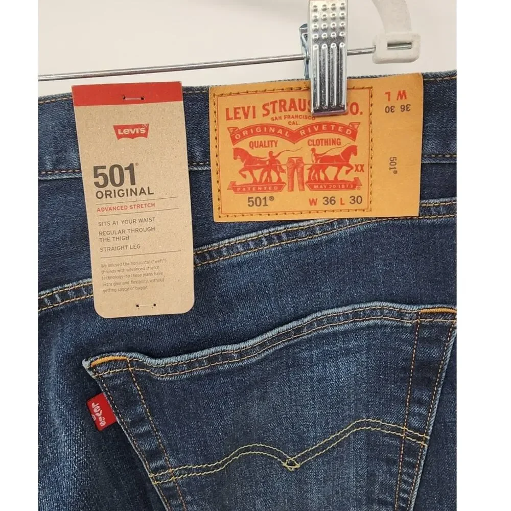 New NWT Levi's 501 Original Advanced Stretch‎ 36 X 30 Jeans Medium Wash Straight
